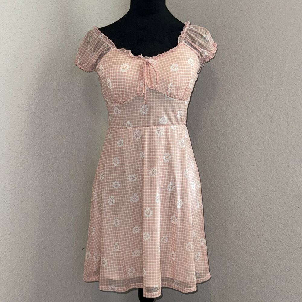 No Boundaries Mesh Mini Dress Girls M(7-9) Pink Daisy Cap Sleeves Smocked Back
